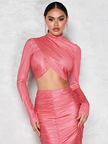 Mulheres Top Cortado Pescoço Embrulho Sem encosto (Color : Watermelon Pink, Size : M)