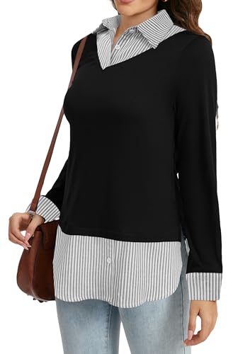 Image of Oyamiki Women's Casual Collared Curved Hem 2 in 1 Pullover Tops Plaid Contrast Shirt Blouse
