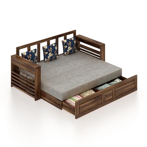 Image of Ganpati Arts Solid Sheesham Wood 3 Seater Lurid Sofa Cum Bed with Side Pocket for Living Room Bed Room Wooden Bedroom Furniture for Home (Teak Finish)