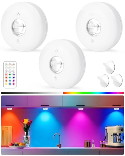 Yiliaw LED Puck Lights with Remote, Magnetic AAA Battery Operated Light, Under Cabinet Lighting, Tap Lights with Dimmer & Timmer for Kitchen, Closet, Shelf - 3 Pack, White