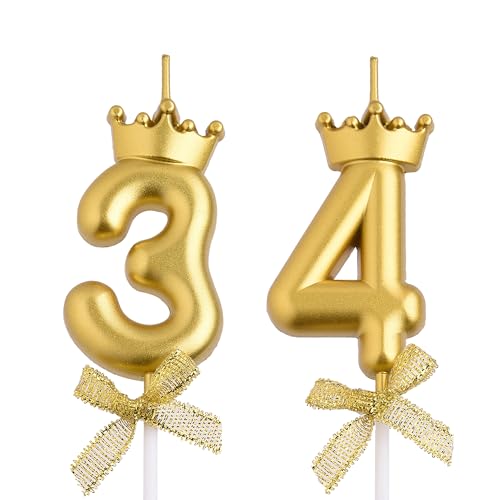 VSHILI 34th 43rd Birthday Candles, Gold 43 34 Year Old Number Birthday Candles, Happy Birthday Party Cake Topper Decoration Gifts for Women Men