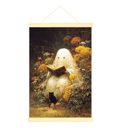 Poster da appendere alla parete, stampa su tela, fantasioso libro di gatti fantasy, Halloween, giallo, poster da appendere con cornici, decorazione per dormitorio e soggiorno, 40,6 x 61 cm
