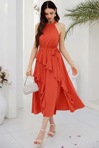 Grace Karin Women'S 2024 Summer Maxi Dress Casual Boho High Neck Sleeveless Ruffle Hem Split Beach Long Dresses With Belt Orange M thumb #5