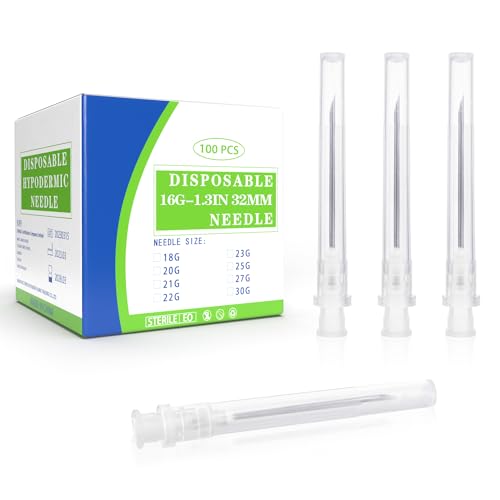 16 Gauge 1.25 Inch Disposable Needles with Caps for Scientific and Lab Dispensing, Individually Wrapped, Box of 100