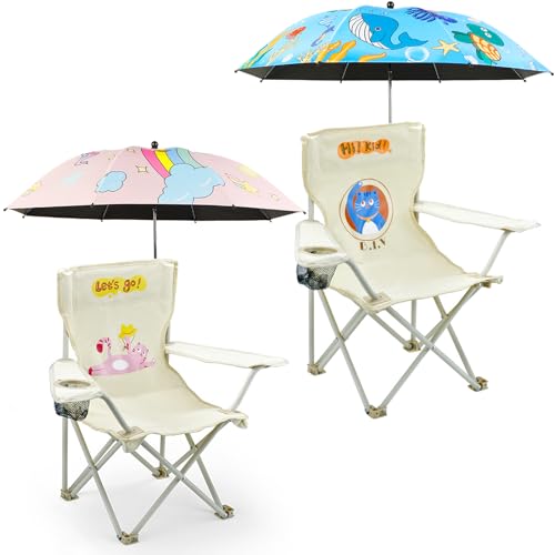 BUSYSIR 2 Pack Kids Camping Chair - Kids Beach Chair with Umbrella - Foldable Storage Cup Holder Durable, wear-Resistant, Non-Slip, Lightweight Design for Beach, Patio, Outdoors, Lawn (Pink+Blue)