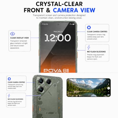 Image of ArmourPro Edge to Edge Tempered Glass for Tecno Pova 8 with Green Camera Ring Guard, 9H Screen Protector, Anti-Scratch, Anti-Fingerprint, Bubble-Free Installation Kit