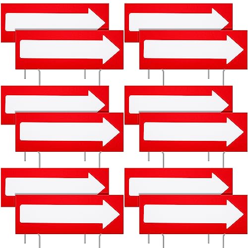 12 Pcs 17 x 6 Inch Arrow Yard Sign Red Corrugated Plastic This Way Decor Double Sided Directional Stake with 12 Inch Sturdy Metal Stakes for Outdoor Lawn Garden Ground Decorations
