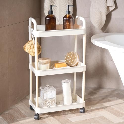 OHS 3 Tier Storage Trolley on Wheels Plastic Kitchen Trolleys for Book Beauty Rolling Storage Cart Organiser Utility Cart for Living Room Bathroom Office, Cream