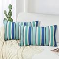 Adabana Outdoor Waterproof Throw Pillow Covers 12x20, Decorative Colorful Striped Lumbar Pillows Cover Set of 2 for Patio Garden Blue