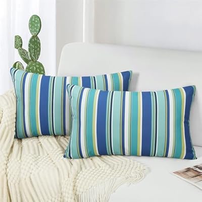 Adabana Outdoor Waterproof Throw Pillow Covers 12x20, Decorative Colorful Striped Lumbar Pillows Cover Set of 2 for Patio Garden Blue