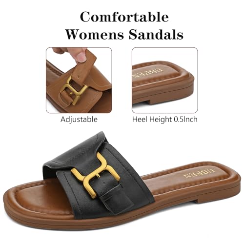 Image of UBFEN Womens Square Toe Flat Sandals Slides Dressy Comfortable for Beach