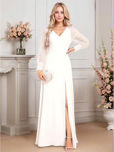 Ever-Pretty Women's V Neck Chiffon Embroidered Tulle Long Sleeves Slit Maxi Wedding Dresses4