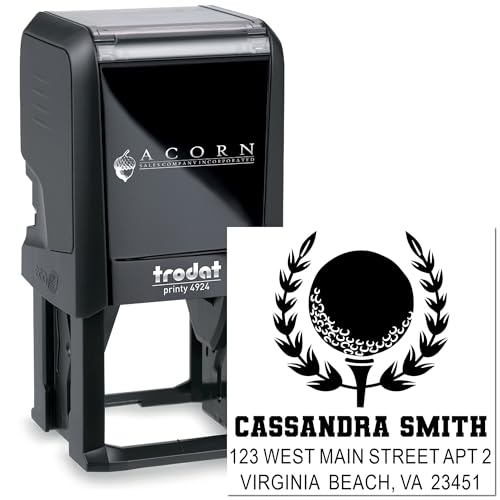 Image of Golf Champion Crest Self Inking Address Stamp - for Christmas Card Mailing | Choice of 11 ink colors. Golf Address Stamp. Desktop Rubber Stamp. 1-5 /8 inch square imprint. Laser-cut lettering.
