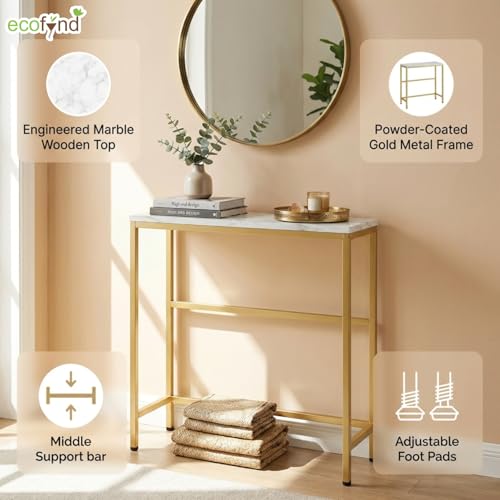 Image of ecofynd 27 Inch Console Table, Metal with Engineered Wooden top for Long Narrow Hallway, Entryway, Living Room, Dining Room, Office, Home Side Table Storage Shelf (WHTGO, CT004)