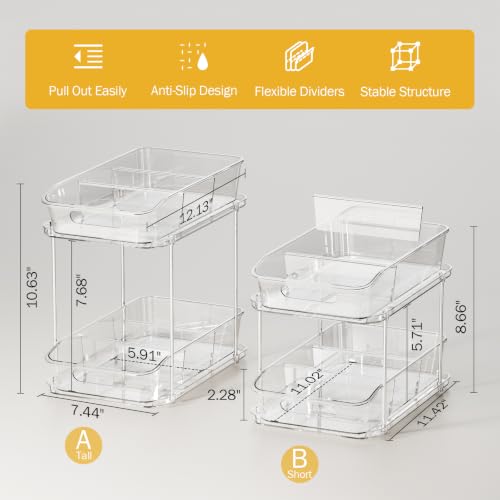 Image of Delamu Bathroom Under Sink Organizers and Storage, 2 Pack, Clear | 2-Tier Multi-Purpose, Stackable, Pull Out Cabinet Kitchen Pantry Organization and Storage with Dividers