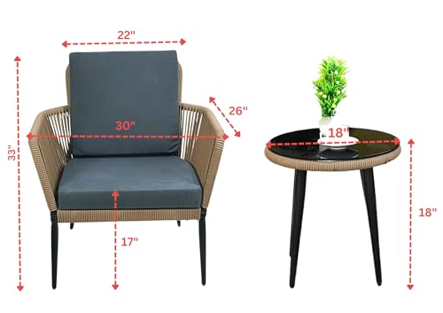 Image of DEVOKO Outdoor All Weather Rope Small Patio Furniture Set with Glass Top Table and Rope Woven Cushioned Chairs for Balcony, Garden, Lawn, Deck (Beige & Grey)