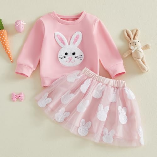 Image of Toddler Girl Easter Outfit Cute Bunny Letter Embroidery Sweatshirt Party Tutu Tulle Skirt Kids Spring Clothes