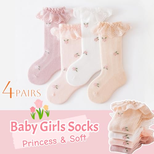 4 Pairs Baby Toddler Girls Princess Frilly Socks, Summer Ruffle Soft Cotton Thin Mesh Socks for Dress, 0~8T2