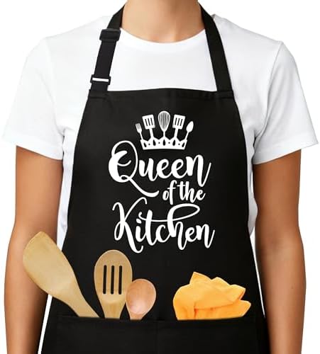 heiyihe Adjustable Aprons for Women with Pockets, Queen Of The Kitchen Cooking Aprons for Women, Perfect for Cooking, Gardening, Bartending, Birthday Kitchen Baking Gift