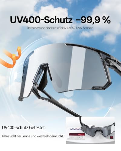 Fahrradbrille Herren Laufbrille Damen, UV400 Sportbrille Sonnenbrille, TR90 Frame mit Verstellbaren Nasenflügel MTB Schutzbrille Schnelle… – Ansicht 6
