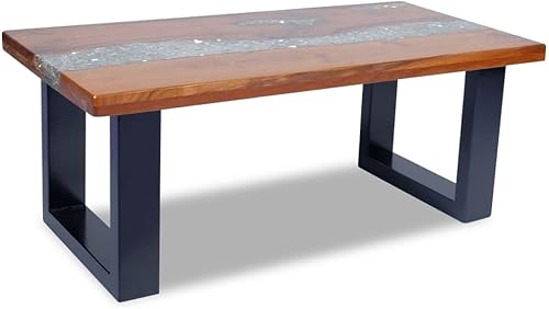 Miniatura 7 de Mesa de cóctel de estilo industrial, con marco de metal duradero, mesa de centro de resina de teca de 39.4 x 19.7 pulgadas, mesa central retro para