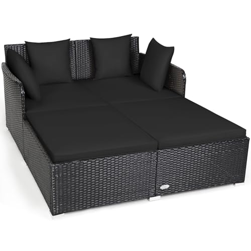 Tangkula Outdoor Rattan Daybed, Wicker Furniture with Spacious Seat, Upholstered Cushion & High-Resilience Sponge, Patio Sofa Set with 4 Pillows, 2-Person Sunbed for Poolside Backyard Garden & Balcony