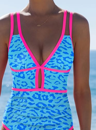 Image of popvil Women One Piece Swimsuit 2026 Tummy Control Sexy Cutout Neon Color Block Bathing Suit Slimming Adjustable Swimwear