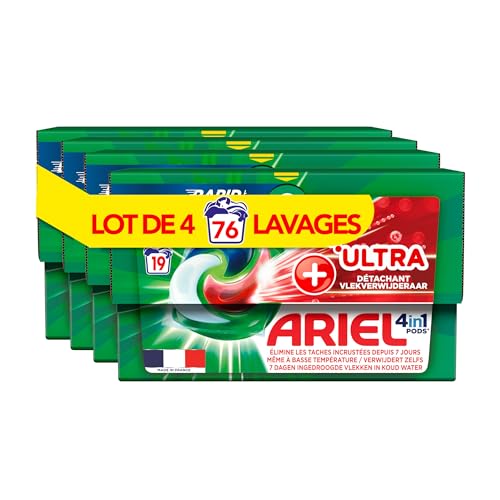 Ariel 4-in-1 PODS Flüssigwaschmittel in Kapseln, 76 Waschgänge (4 x 19 Tabs), Ultra-Fleckentfernungstechnologie, entfernt hartnäckige Flecken bei niedriger Temperatur, auch nach 7 Tagen, hergestellt