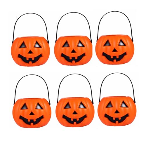6 abóboras de plástico de Halloween com rostos, cesta de presente de balde de abóbora, cestas pequenas de Halloween para presentes de crianças, balde portátil de Halloween, decorações de Halloween (6