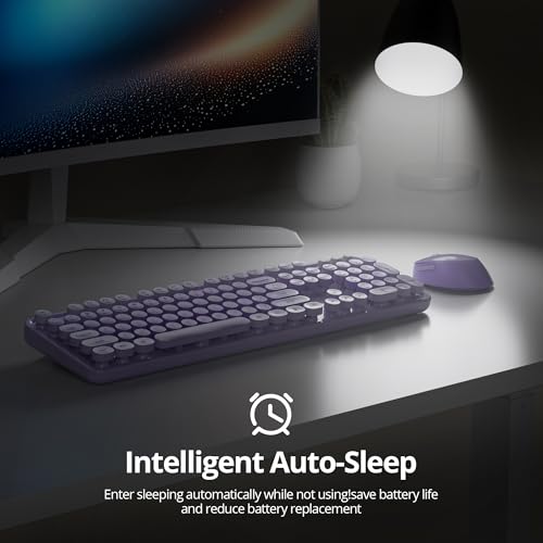 Image of GTSP Colorful Purple Wireless Keyboard and Mouse Combo, Retro Typewriter Wireless Full-Size Cute Office Keyboard 2.4GHz with Round Keycaps for Desktop Laptop and PC (Cute Purple)