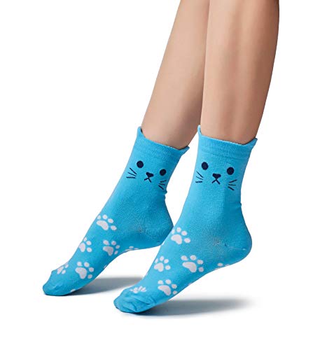 Leotruny Women's Colorful Cute Cat Crew Socks With Gift Box (X-5Pairs-Footprint Design) #TOP2