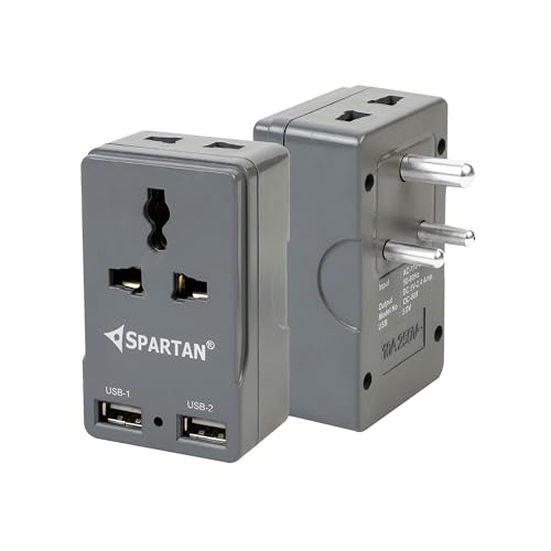 Image of Spartan 3 Pin All Multiplug Charger /Travel Adapter, 10A Power Sockets / 2Pin & 3Pin Socket Adapter with Dual USB Charging Port (Grey, Pack of 1)
