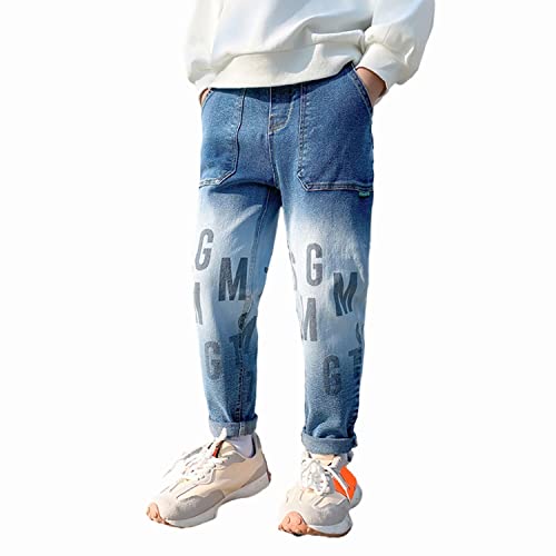 Rolanko Jean Déchiré à Taille Élastiquée pour Garçon, Pantalon en Denim Rétro à Jambe Effilée avec Poches pour Enfant, Bleu Letter, Taille: 170 Cover