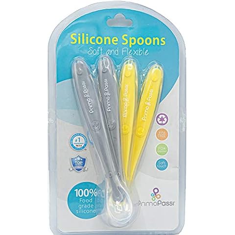 Primo Passi - Baby Infant Toddler Best Soft - Tip Silicone Feeding Spoons I First Stage Training I Gum Friendly 4 Pack Gift Set I Gift Idea for Boys and Girls I BPA Free Baby Utensils - (Grey&Yellow) Cover