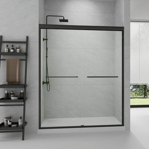 GDGZQD Semi-Frameless Sliding Shower Door W: 60 x H:72 Inches, Bathroom Sliding Door Easy to Install, 1/4 "Clear Glass, Black Hardware Double Sliding Glass Shower Room by GDGZQD - Used condition - US$236.38