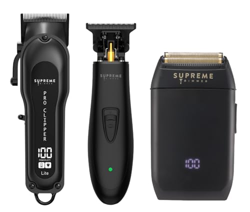 Supreme Trimmer 3-in-1 Barber Bundle | Pro Clipper Lite, T-Shaper Trimmer & Crunch Foil Shaver | Professional Beard Trimmer Men’s Hair Clipper Kit | Black