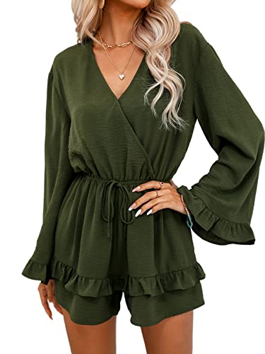 CUPSHE Damen Strampler V Ausschnitt Kordelzug Rüschen Langarm Kurz...
