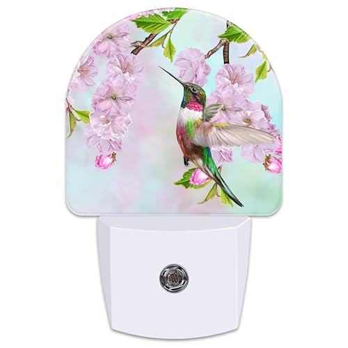 Image of Hummingbird and Cherry Blossoms Night Light for Kids,Birds and Pink Flowers Plug in Night Light with Dusk to Dawn Sensor, 0.5w Energy Saving Nightlight for Hallway Stairway Kitchen Bedroom