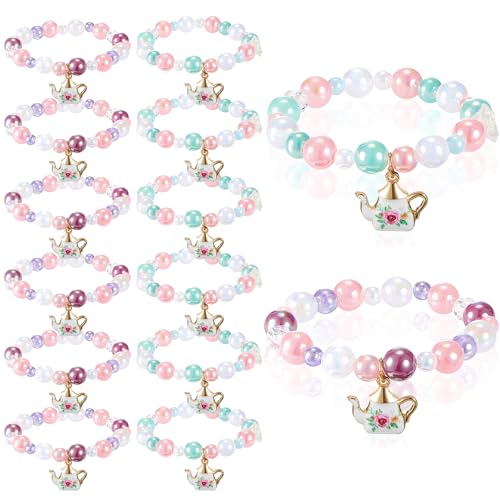 Ecally 12 Pcs Tea Party Favors Bracelet Bulk Tea Pot Beaded Easter Bracelet Party Supplies Pendant Accessories Princess Decorations for Kids Girl