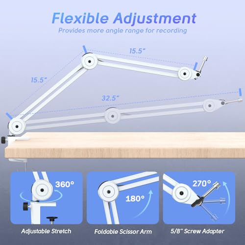 Image of FIFINE BM63 Microphone Boom Arm Stand, Metal Heavy Duty Mic Stand, Scissor Suspension Adjustable Boom Arm for Podcast Recording Streaming Gaming, with Desk Clamp, 5 /8 inch Screw, Cable Ties|White