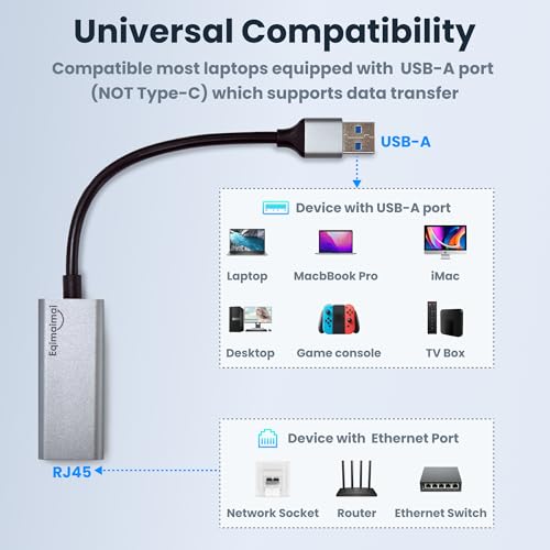 Image of USB A to ethernet Adapter，USB 3.0 Gigabit to ethernet Adapter Compatibility 100 /1000MBPS,Compatible with Windows, Mac OS, Linux, PC, Laptops, and More