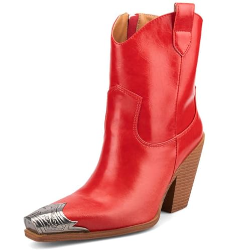 Image of Cowboy Ankle Boots for Women Engraved Steel Toe Cowgirl Boots Stacked Block Heels Short Cowboy Boot Fashion Dressy Western Country Booties