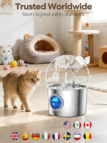 Image of Cat Water Fountain 2.2L for Drinking, Stainless Steel Cat Fountain ，Encourages Hydration with Fresh, Filtered Water