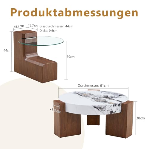 Table basse combinable salon aspect noyer MDF et verre de sécurité