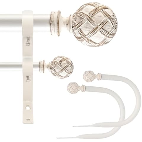 Ycolnaefllr 1 Inch Diameter Double Curtain Rod Set for Windows Heavy Duty Double Window Treatment Curtain Rod Adjustable from 28 to 48 Inch, Resin Finials with Curtain Holdbacks,Weathered White Cover