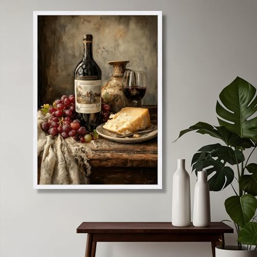 Toile nature morte rustique de vin et fromage pour déco de cuisine vintage 30x40cm