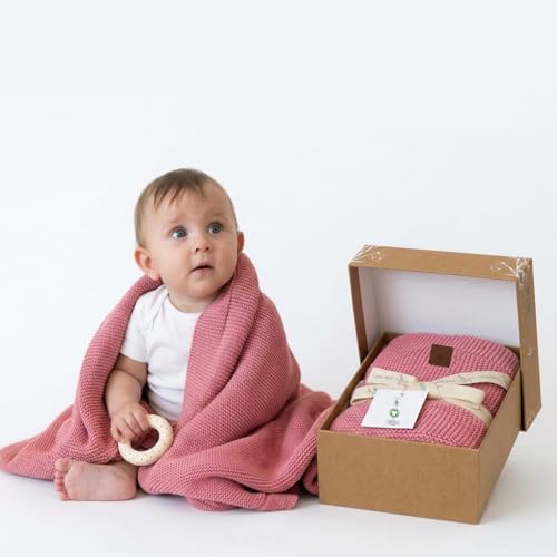 Image of Organic Cotton Baby Blanket 30x40 in, Berry - GOTS Certified, Soft Knit Swaddle with Gift Box, Breathable Nursery Blanket for Crib & Stroller, Machine Washable