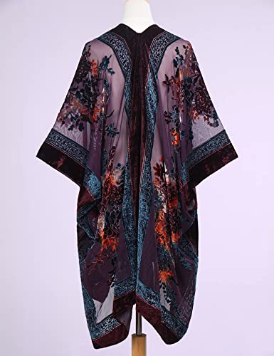 WeHello Women\'s Burnout Velvet Kimono Long Cardigan Cover Up with Tassel (Burgandy Flower)