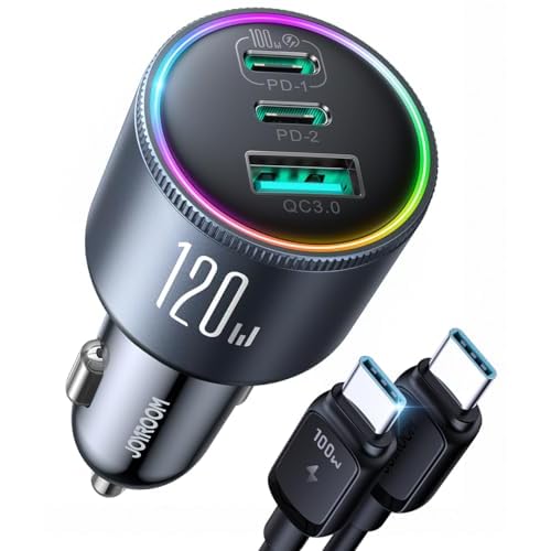 120W Car Charger USB C for iPhone 16 Pro, JOYROOM 3 Port Super Fast Car Charger Adapter PD100W+PD35W Car Phone Charger Type C Fast Charging for iPhone 16 15 Pro Max Samsung S24 S23 iPad Laptop