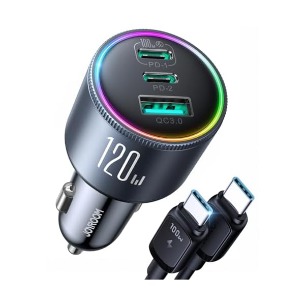 120W Car Charger USB C for iPhone 16 Pro, JOYROOM 3 Port Super Fast Car Charger Adapter PD100W+PD35W Car Phone Charger Type C Fast Charging for iPhone 16 15 Pro Max Samsung S24 S23 iPad Laptop